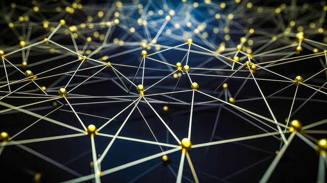 Network of gold dots on black background. Generative AI.