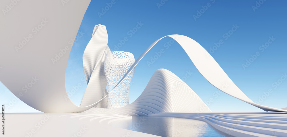 Sticker 3d render surreal white minimal architecture background with geometric shapes, abstract fantastic de