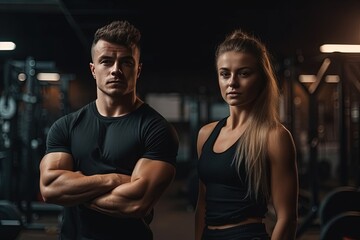 Fototapeta na wymiar Beautiful young sporty couple posing and showing muscles at the gym- generative ai