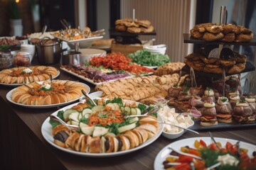 Buffet table in a restaurant with cold snacks, salads and mini burgers - generative ai