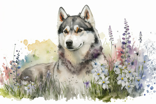 Watercolor painting of beautiful husky dog in a colorful flower field. Ideal for art print, greeting card, springtime concepts etc. Made with generative AI.
