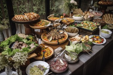 Obraz na płótnie Canvas Buffet table in a restaurant with cold snacks, salads and mini burgers - generative ai