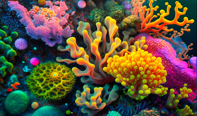 Fototapeta na wymiar A close-up view of the colorful and diverse life forms living in a coral reef ecosystem