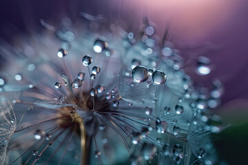 Macro shot of water droplets on a dandelion.
