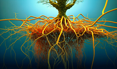 A detailed view of the intricate and branching root system of a plant