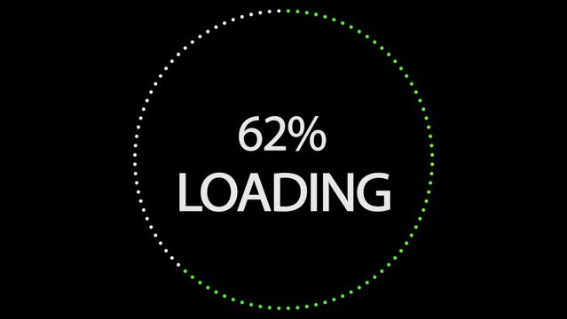 Circular loading indicator with green dots. Load from 1 to 100 percent. Loading circle icon animation on black background. Percent indicator. Futuristic updating progress bar. 60 fps 3D animation.