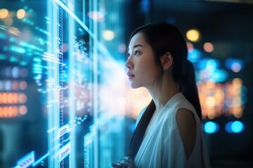Young Asian woman with wonder, curiosity, looking at holographic digital display, futuristic technology, innovation, generative ai - Powered by Adobe