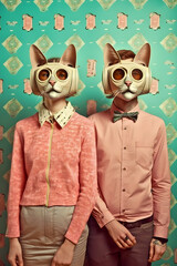 Fototapeta premium Abstract Funky Cats mask, Crazy portrait illustration, fashionable, vintage style, pop and coroful, Generative AI