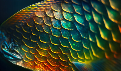 A close-up view of the iridescent and translucent scales on a fish