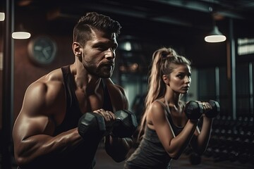 Sporty couple workout with dumbbells - generative ai