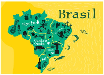 Brazil map. With different flora and fauna symbols, geographic names, letters. Vector illustration.