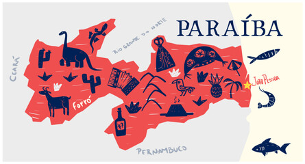 Fototapeta na wymiar Map of the Brazilian state of Paraíba. With different flora and fauna symbols, geographic names, letters. Vector illustration.