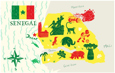 Fototapeta premium Senegal map. With different flora and fauna symbols, geographic names, letters. Vector illustration.