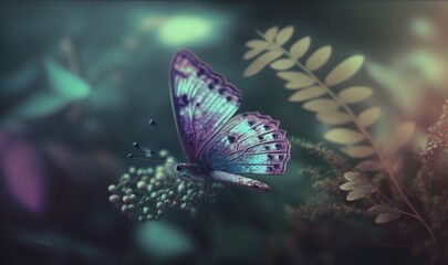 Fototapeta na wymiar a blue butterfly sitting on top of a flower next to green leaves and a purple plant with white flowers on the top of it's wings. generative ai