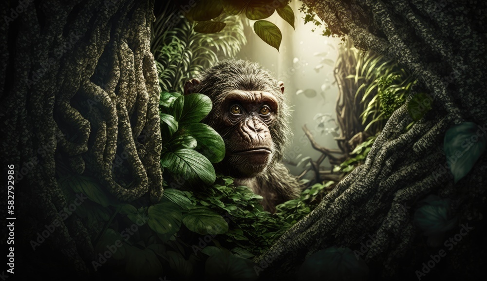 Poster chimpanzee hiding in the forest. created with generative ai.