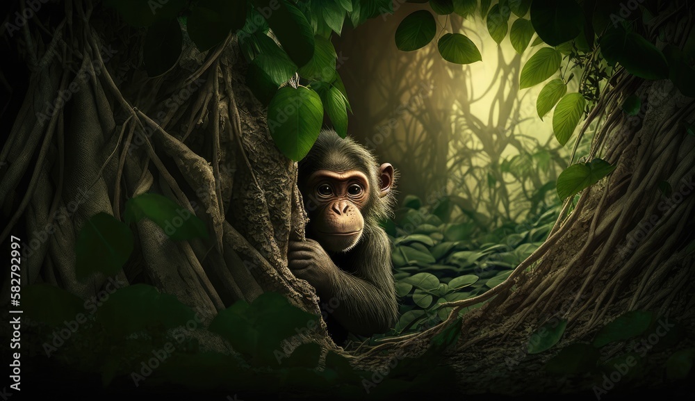 Wall mural chimpanzee hiding in the forest. created with generative ai.