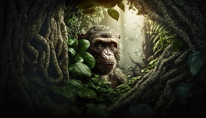 chimpanzee hiding in the forest. Created with generative AI.