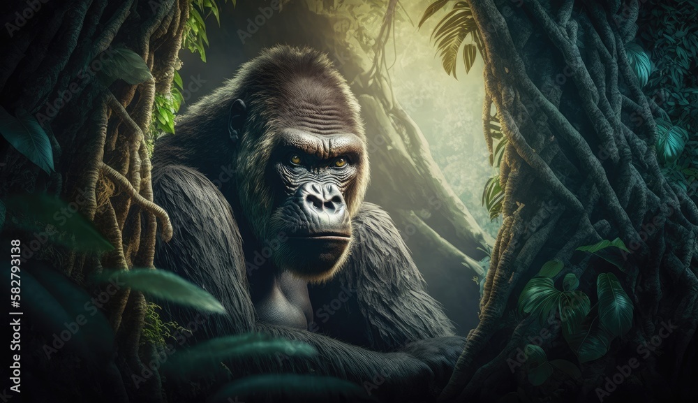 Wall mural gorilla hidden in the forest. created with generative ai.
