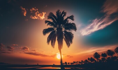 Obraz na płótnie Canvas a palm tree is silhouetted against a sunset on a beach with palm trees in the foreground and a body of water in the foreground. generative ai