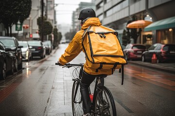 Fictional food delivery rider on a bike with isothermal case box, express delivery service from cafes and restaurants - generative ai