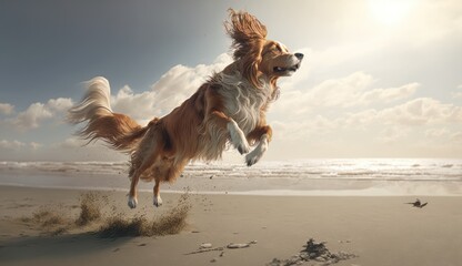 dog running on the beach. Created with Generative AI.	
