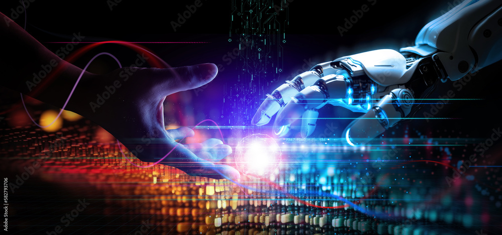 Poster Machine learning, AI, Hands of robot and human touching big data of Global network connection, Internet and digital technology, Science and artificial intelligence digital technologies of futuristic