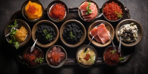 Gourmet appetizers, caviar, tuna and salmon in a luxury restaurant buffet, close-up - generative ai