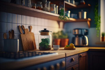 A kitchen countertop with lots of food, 3d style, background generated ai
