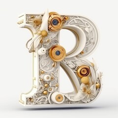 Letter B with mechanical ornament in golden white accent
