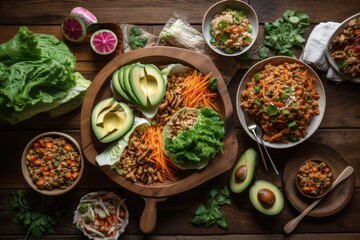 Healthy dinner table with nutritious Buddha bowl, lettuce wraps, vegetables and salads, top view over a wood backdrop - generative ai