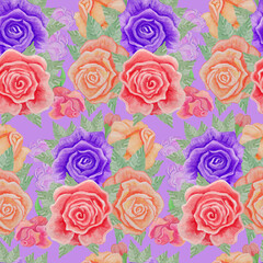 Seamless pattern with purple pattern of three different color roses.