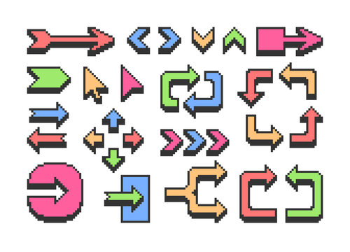 Arrow Icon set in pixel style. Set of retro pixelated icons.