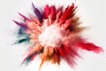 Colorful powder explosion, splash on isolated white background. Holi gulaal powder burst.