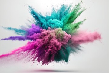 Fototapeta premium Colorful powder explosion, splash on isolated white background. Holi gulaal powder burst.