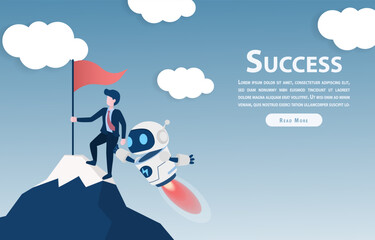 Humans and robots are climbing together. Work together to reach the top. The robot is supporting and helping the man. Flat vector illustration.
