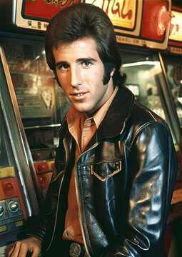 A cool man in the style of Fonzie in a 1970's or 1980s scene. Timeless photo, perhaps at a slot machine or casino.
Generative ai