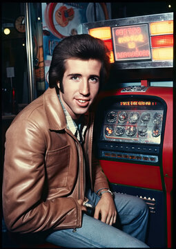 A cool man in the style of Fonzie in a 1970's or 1980s scene. Timeless photo, perhaps at a slot machine or casino.
Generative ai