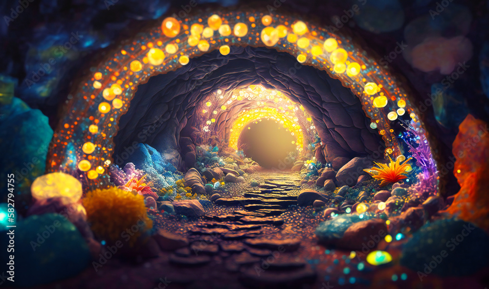 Wall mural A magical and enchanting path filled with glittering crystals, gems and mystical creatures