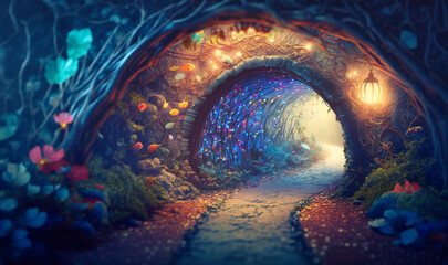 A magical and enchanting path filled with glittering crystals, gems and mystical creatures