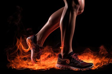 Plakat Fire and Power, Side view of a jogger legs with isolated on a black background. Sports and fitness concept - generative ai