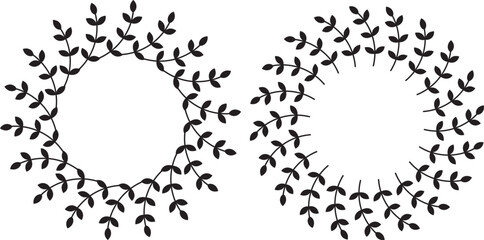 Set of two hand drawn wreathes. Round floral frames of branches with leaves. Vector ilustration