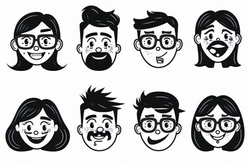 Set of black and white male and female face icons. Funny women and men with different facial expressions for avatars