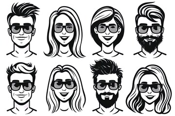 Set of black and white male and female face icons. Funny women and men with different facial expressions for avatars