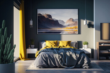 A bedroom with a picture on the wall, 3D render style, background generated ai