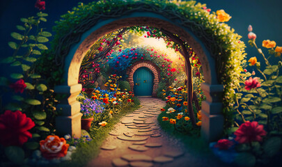Fototapeta premium A whimsical and enchanting tunnel, with blooming flowers, vines and garden creatures