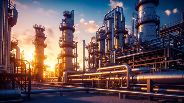 An oil refinery at sunset with pipes and pipes. Generative AI.