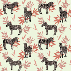 vector seamless texture, image of zebra in palm leaves, summer print on fabric, african exotic. Exotic jungle wallpaper. - 582796115