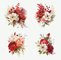 Set of floral branch. Flower red rose, green leaves. Wedding concept with flowers. Floral poster, invite. Vector arrangements for greeting card or invitation design