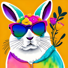 Watercolor rabbit in sunglasses.  Generative AI.