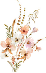 Watercolor beige wildflowers boho bouquet. Dried herbs,  grass floral border, elegant arrangement. Botanical boho elements isolated on white. Wedding invitation, greeting, card, printing, design © TanyaOak